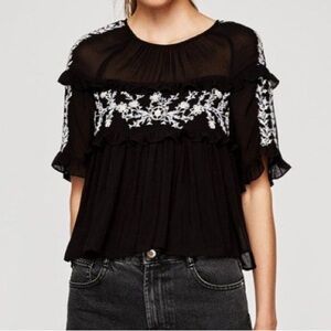 Zara Trafaluc Collection Black Blouse Top Shirt Floral Embroidered Ruffle XSmall